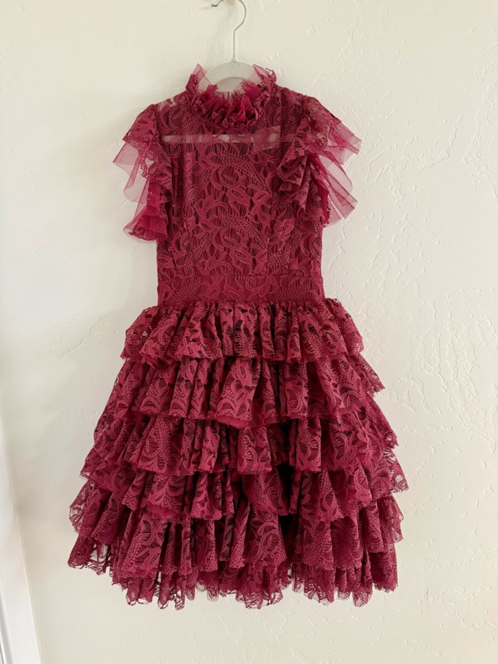 Joyfolie Burgundy Lace Ruffled Formal Dress